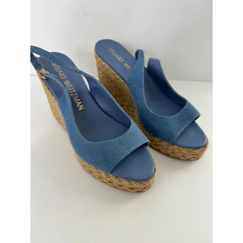 Stuart Weitzman Island Espadrille Wedge Sandal Peep Toe Jute & Denim Size 11